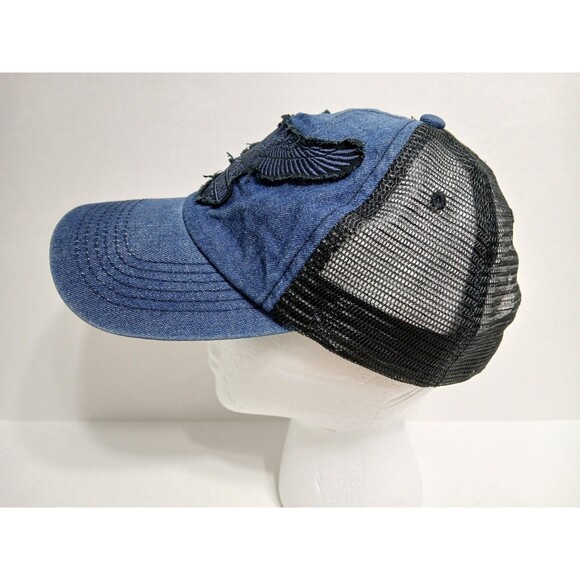 Harley Davidson Eagle Trucker Hat Denim Mesh Snapback Blue Black Retro Big Logo - Picture 3 of 7